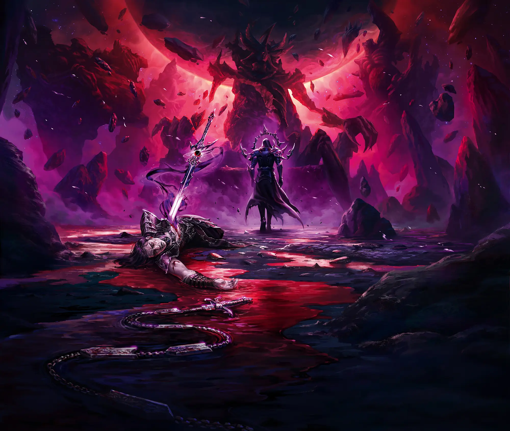 Viserai walks away from Chane's impaled corpse, approaching the shadow throne